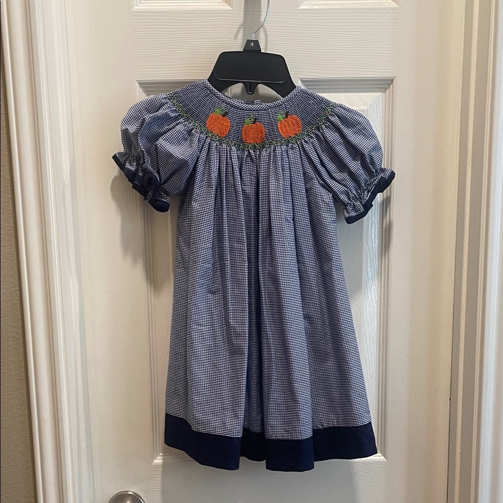 Southern Sunshine Smocked Blue Checkered Dress with Pumpkin Detail